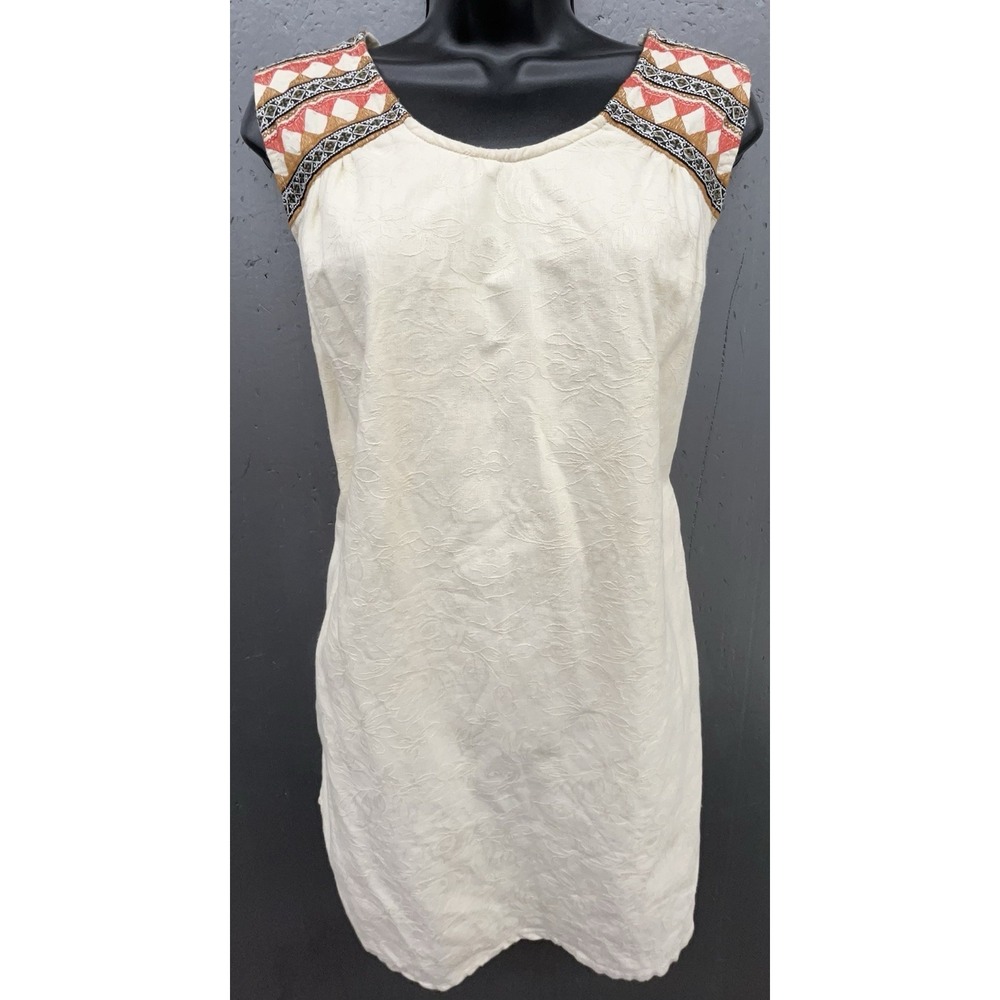 Solitaire Anthropologie Dress S Ivory Cream Cotton Texture Embroider Boho Aztec